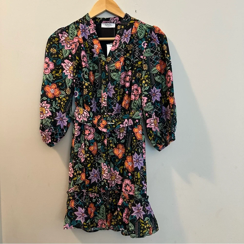 Avara Elena Floral Belted 3/4 Sleeve Mini Dress Black Multicolor Size XS - Picture 4 of 16